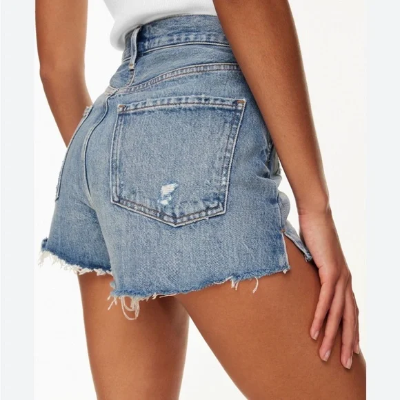 Agolde Frayed Hem High-Rise Denim Shorts - Blue Wash - Picture 2 of 8